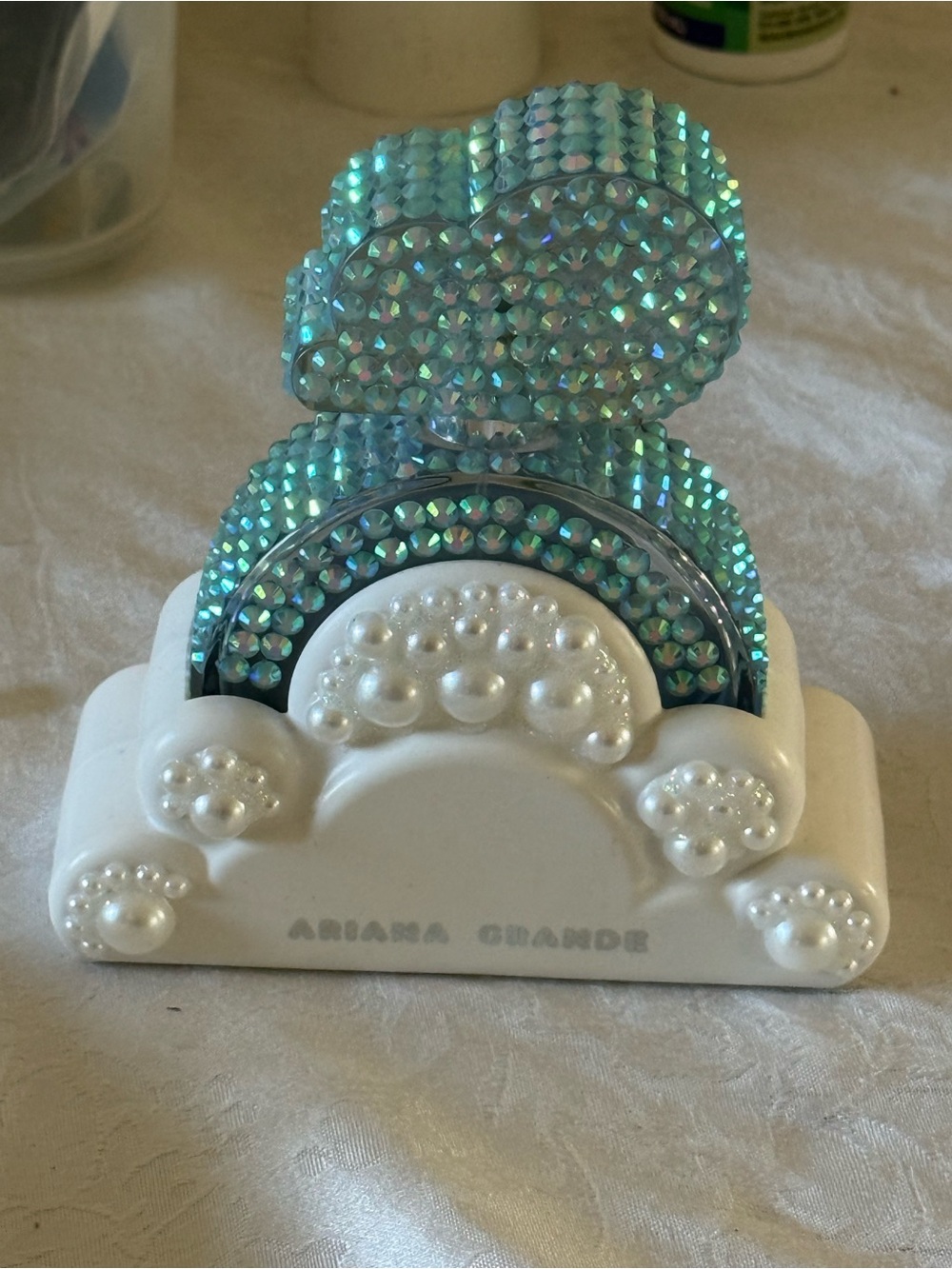 Ariana Grande White Pearl Aqua Rhinestone Accents Decorative piece-empty bottle